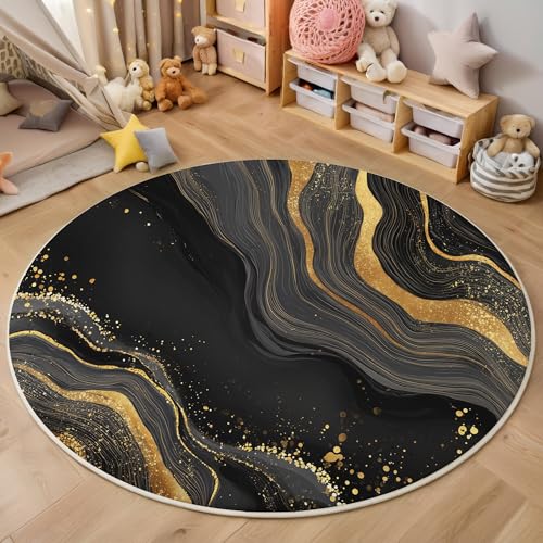 Schwarz Und Gold Linearer Marmor 3D Teppich Rundteppich Für Wohnzimmer 100Cm Illustrationskunst ,Schlafzimmer Rutschfeste Bodenmatte Krabbelmatte Tischset Flur Badematte Esszimmer Eingangsbereich von ALTCIRNMD