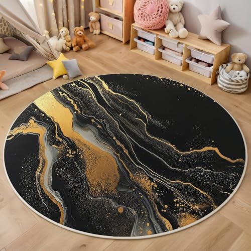 Schwarz Und Gold Linearer Marmor 3D Teppich Rundteppich Für Wohnzimmer 160Cm Abstrakte Textur,Schlafzimmer Rutschfeste Bodenmatte Krabbelmatte Tischset Flur Badematte Esszimmer Eingangsbereich von ALTCIRNMD
