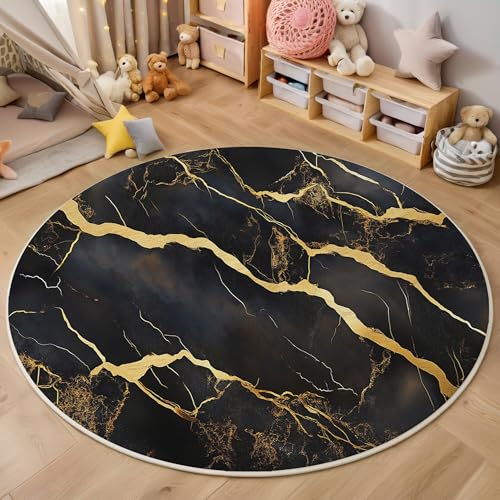 Schwarz Und Gold Linearer Marmor 3D Teppich Rundteppich Für Wohnzimmer 160Cm Abstrakte Textur,Schlafzimmer Rutschfeste Bodenmatte Krabbelmatte Tischset Flur Badematte Esszimmer Eingangsbereich von ALTCIRNMD