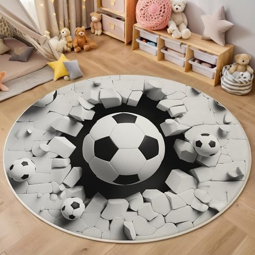 Schwarz Und Weiß Wandfußball 3D Teppich Rundteppich Für Wohnzimmer 140Cm Illustration Bewegung ,Schlafzimmer Rutschfeste Bodenmatte Krabbelmatte Tischset Flur Badematte Esszimmer Eingangsbereich von ALTCIRNMD
