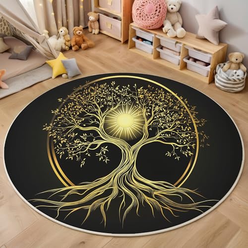 Schwarzes Gold Sonnenscheinbaum 3D Teppich Rundteppich Für Wohnzimmer 200Cm Fantasiepflanzen,Schlafzimmer Rutschfeste Bodenmatte Krabbelmatte Tischset Flur Badematte Esszimmer Eingangsbereich Schwarzes Gold Sonnenscheinbaum 3D Teppich Rundteppich Für Wohnzimmer 200Cm Fantasiepflanzen,Schlafzimmer Rutschfeste Bodenmatte Krabbelmatte Tischset Flur Badematte Esszimmer Eingangsbereich von ALTCIRNMD
