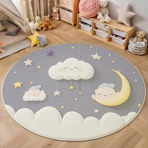 Teppich Rund Cremefarben Sterne,Mond Und Wolken Reppich Schlafzimmer,Innenbereich 3D Abstrakte Karikatur Waschbarer Rutschfest Flur Weich Fußmatte Für Wohnzimmer,Kinderzimmer,Büro Küche,180Cm von ALTCIRNMD