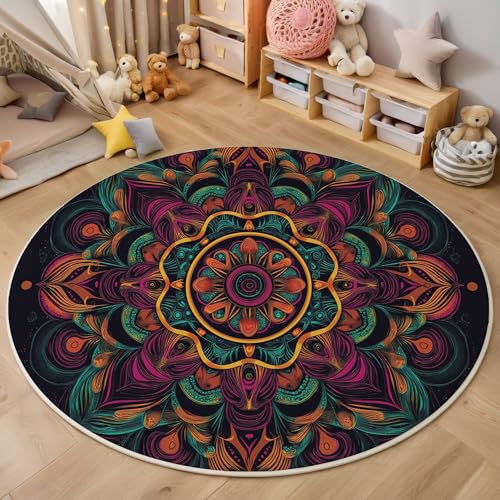 Teppich Rund Orange-Lila Symmetrisches Mandala Reppich Schlafzimmer,Innenbereich 3D Psychedelische Pflanzen Waschbarer Rutschfest Flur Weich Fußmatte Für Wohnzimmer,Kinderzimmer,Büro Küche,100Cm von ALTCIRNMD
