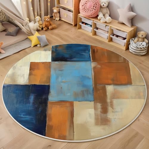 Teppich Rund Orangeblau Farbblöcke Zusammenfügen Reppich Schlafzimmer,Innenbereich 3D Abstrakter Minimalismus Waschbarer Rutschfest Flur Weich Fußmatte Für Wohnzimmer,Kinderzimmer,Büro Küche,200Cm von ALTCIRNMD