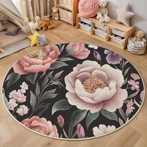 Teppich Rund Rosa Grün Grüne Blätter Der Pfingstrose Reppich Schlafzimmer,Innenbereich 3D Natürliche Pflanzen Waschbarer Rutschfest Flur Weich Fußmatte Für Wohnzimmer,Kinderzimmer,Büro Küche,100Cm von ALTCIRNMD
