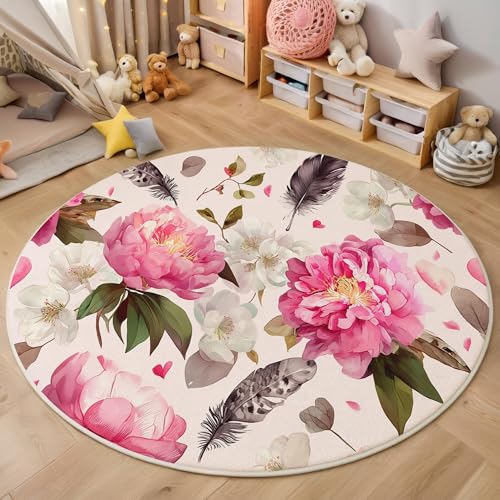Teppich Rund Rosa Grün Pfingstrosenblüten Schlafzimmer,Innenbereich 3D Abbildung Von Pflanzen Teppich Waschbarer Rutschfest Teppiche Flanell Teppichunterlage Für Wohnzimmer,Kinderzimmer,Büro,100Cm von ALTCIRNMD