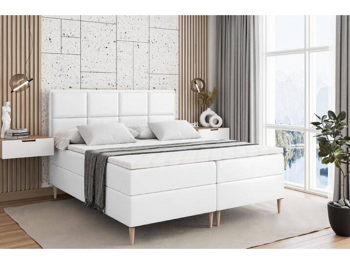 ALTDECOR Boxbett NOVA-F (Multipocket-Matratze H4, H3 Matratze Bonellfederung, Topper, Kopfteil), weiß, Holz Füße, H4, Weiß Kunstleder von ALTDECOR