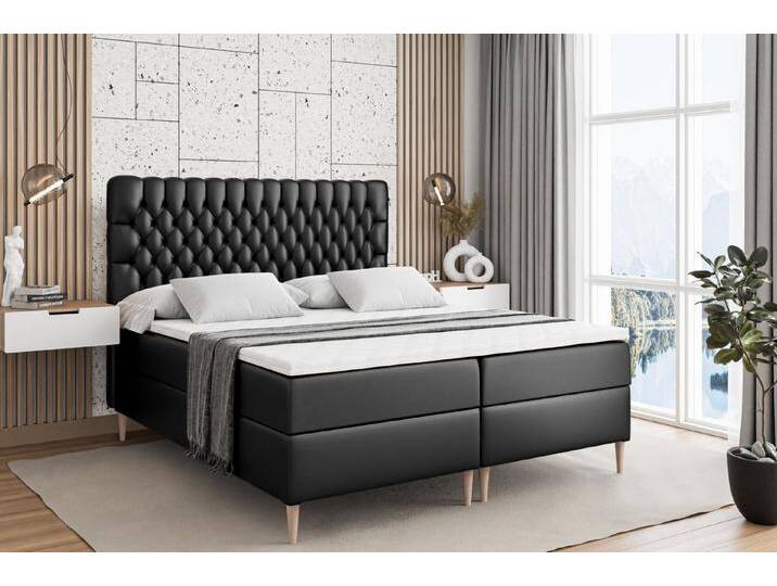 ALTDECOR Boxbett SERENE-F (Multipocket-Matratze H4, H3 Matratze Bonellfederung, Topper, Kopfteil), schwarz, Holz Füße, H3, Schwarz Kunstleder von ALTDECOR