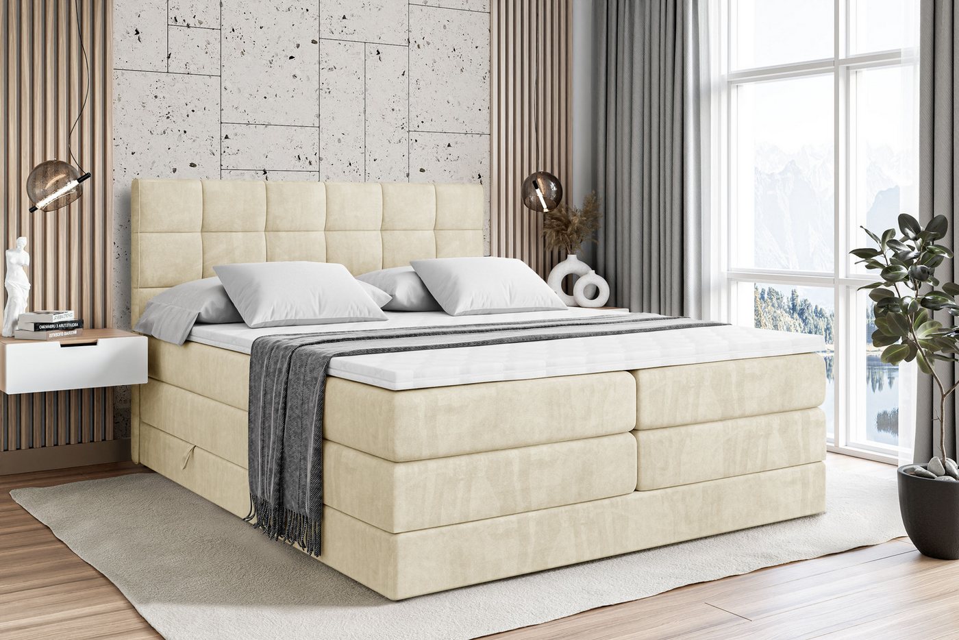 ALTDECOR Boxspringbett APO KING (mit Matratze und Lattenrost Topper Polsterbett mit Bettkasten Boxbett), H4 Multipocket, H3 Bonellfederung, Doppelbett Springboxbett von ALTDECOR