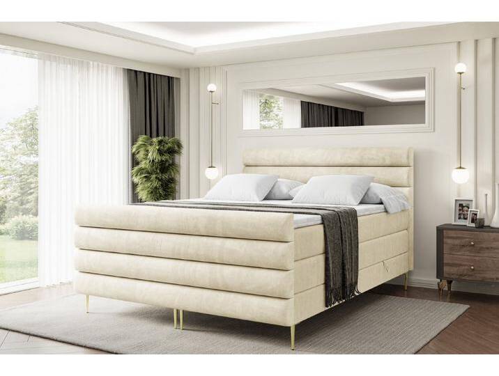 ALTDECOR Boxspringbett CELESTIA-F-Z KING (Multipocket-Matratze H4, H3 Matratze Bonellfederung, Topper, Kopfteil), beige braun, Gold Füße von ALTDECOR