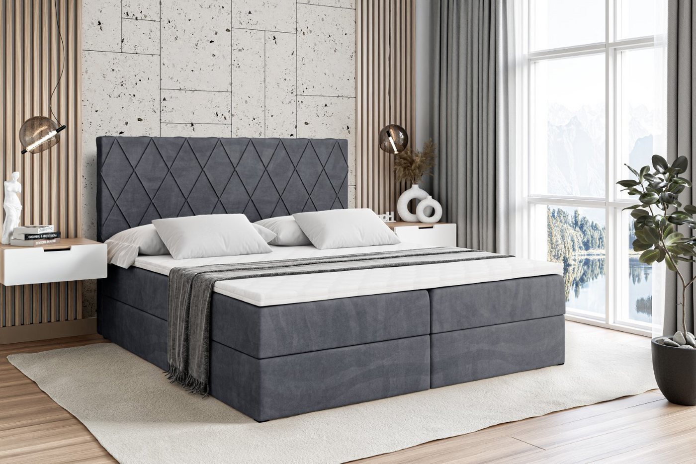 ALTDECOR Boxbett LEPARO (mit Matratze Lattenrost Topper Polsterbett mit Bettkasten Doppelbett), H4 Multipocket / H3 Bonellfederung, Springboxbett Boxspringbett von ALTDECOR