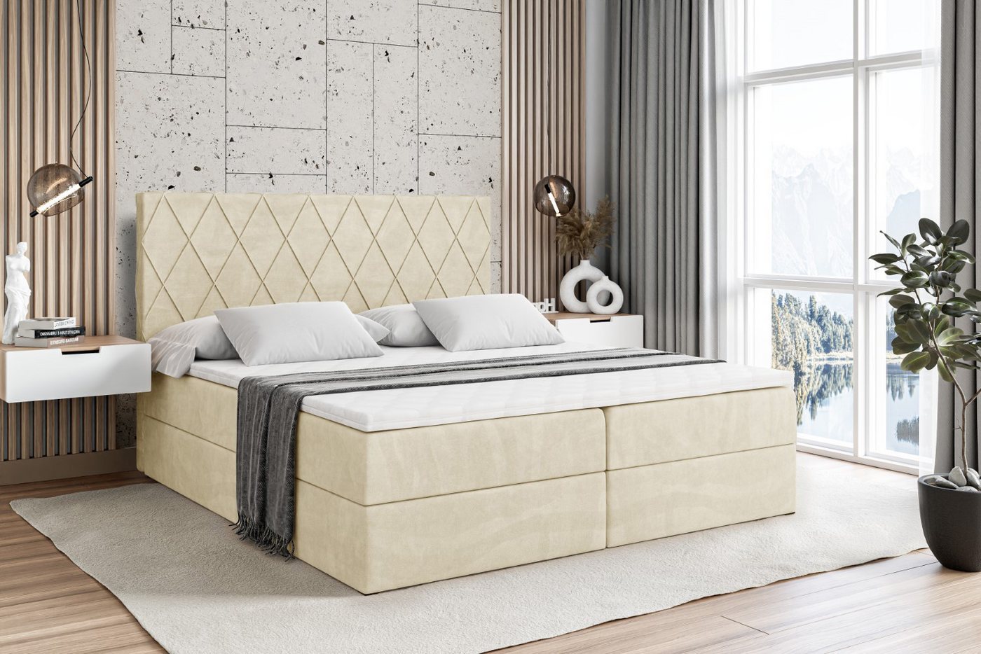 ALTDECOR Boxbett LEPARO (mit Matratze Lattenrost Topper Polsterbett mit Bettkasten Doppelbett), H4 Multipocket / H3 Bonellfederung, Springboxbett Boxspringbett von ALTDECOR