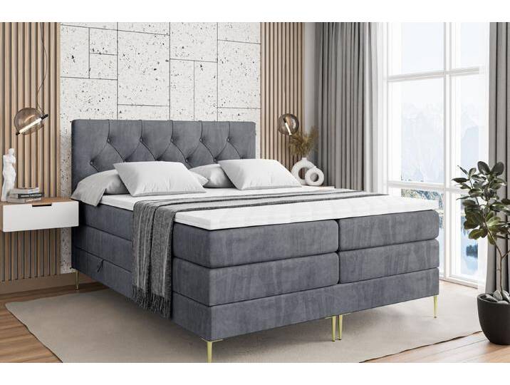 ALTDECOR Boxspringbett MIRAGE-F KING (Multipocket-Matratze H4, H3 Matratze Bonellfederung, Topper, Kopfteil), grau, Gold Füße, Dunkelgrau Casablanca von ALTDECOR