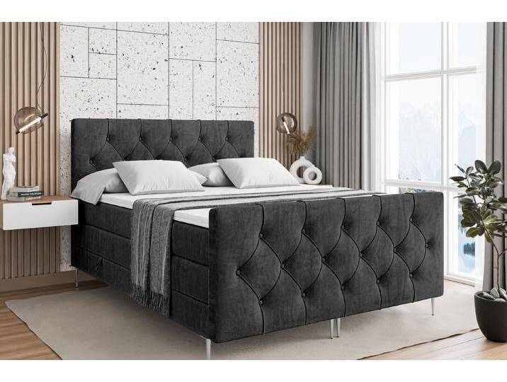 ALTDECOR Boxspringbett MIRAGE-F-Z KING (Multipocket-Matratze H4, H3 Matratze Bonellfederung, Topper, Kopfteil), schwarz, Silber Füße von ALTDECOR
