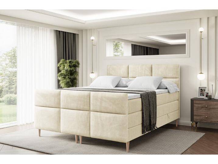 ALTDECOR Boxspringbett OHIO-F-Z KING (Multipocket-Matratze H4, H3 Matratze Bonellfederung, Topper, Kopfteil), beige braun, Holz Füße, Beige Casablanca von ALTDECOR