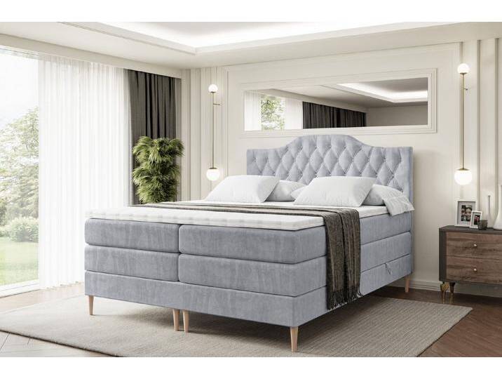 ALTDECOR Boxspringbett VILA-1-F KING (Multipocket-Matratze H4, H3 Matratze Bonellfederung, Topper, Kopfteil), grau, Holz Füße, Grau Monolith von ALTDECOR