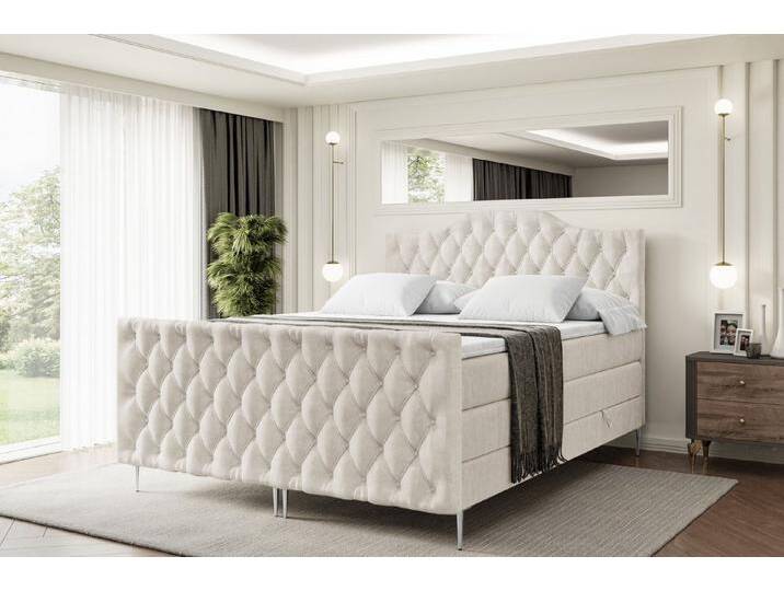 ALTDECOR Boxspringbett VILA-1-F-Z KING (Multipocket-Matratze H4, H3 Matratze Bonellfederung, Topper, Kopfteil), beige braun, Silber Füße von ALTDECOR