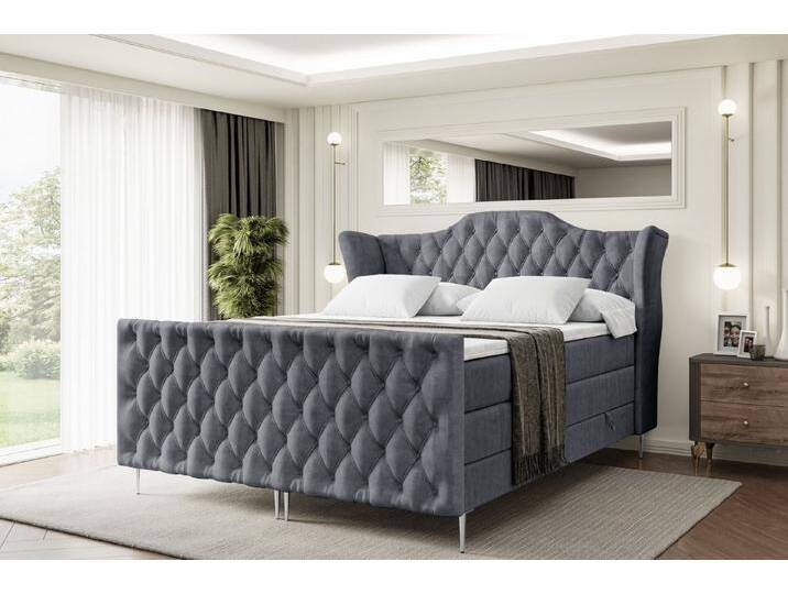 ALTDECOR Boxspringbett VILA-F-Z KING (Multipocket-Matratze H4, H3 Matratze Bonellfederung, Topper, Kopfteil), grau, Silber Füße, Dunkelgrau Casablanca von ALTDECOR