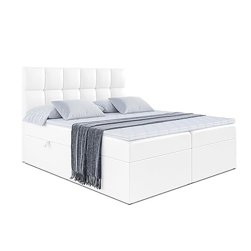 ALTDECOR Boxspringbett mit H3-Matratze (20 cm hoch) mit Bonellfederung + PUR, Topper (4 cm hoch), Kunstlederbett, Polsterbett mit Kopfteil und Bettkasten - RICAR - 160x200 - Weiß Kunstleder von ALTDECOR