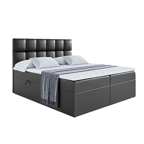 ALTDECOR Boxspringbett mit H3-Matratze (20 cm hoch) mit Bonellfederung + PUR, Topper (4 cm hoch), Kunstlederbett, Polsterbett mit Kopfteil und Bettkasten - RICAR - 180x200 - Schwarz Kunstleder von ALTDECOR