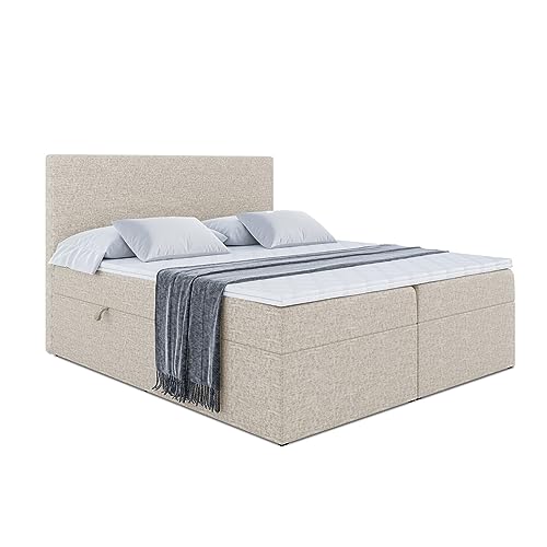 ALTDECOR Boxspringbett mit H3-Matratze (20 cm hoch) mit Bonellfederung + PUR, Topper (4 cm hoch), Polsterbett mit Kopfteil und Bettkasten - LUKI - 180x200 - Beige Inari 22 von ALTDECOR