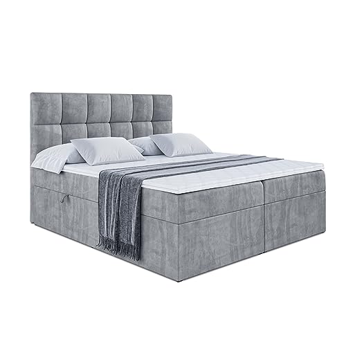 ALTDECOR Boxspringbett mit Multipocket-Matratze H4 (20 cm hoch) mit PUR+Kokosmatte, Topper (4 cm hoch), Polsterbett mit Kopfteil und Bettkasten - RICAR - 200x200 - Grau Samt von ALTDECOR