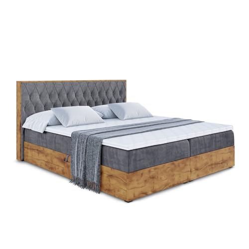 ALTDECOR Boxspringbett mit Bettkasten Multipocket-Matratze H4 mit Topper + PUR + Kokosmatte, (4 cm hoch), Polsterbett mit Kopfteil und Bettkasten mit Eiche Holz - LOLLI5-160x200 Dunkelgrau Samt von ALTDECOR