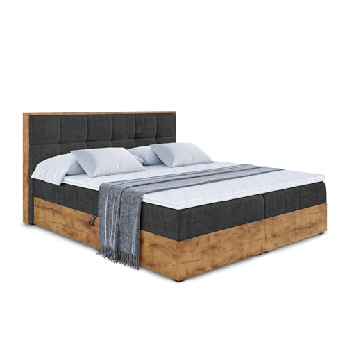 ALTDECOR Boxspringbett mit Bettkasten Multipocket-Matratze H4 mit Topper + PUR + Kokosmatte, (4 cm hoch), Polsterbett mit Kopfteil und Bettkasten mit Eiche Holz - LOLLI7-180x200 Schwarz Samt von ALTDECOR