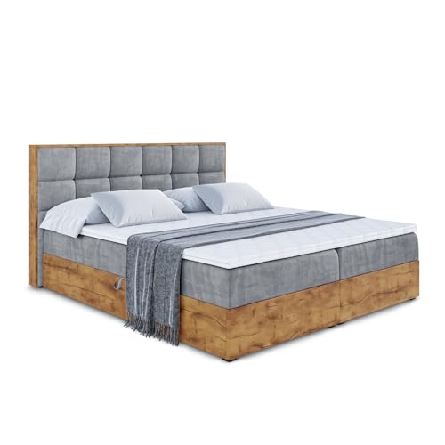 ALTDECOR Boxspringbett mit Bettkasten Multipocket-Matratze H4 mit Topper + PUR + Kokosmatte, (4 cm hoch), Polsterbett mit Kopfteil und Bettkasten mit Eiche Holz - LOLLI2-200x200 Grau Samt von ALTDECOR