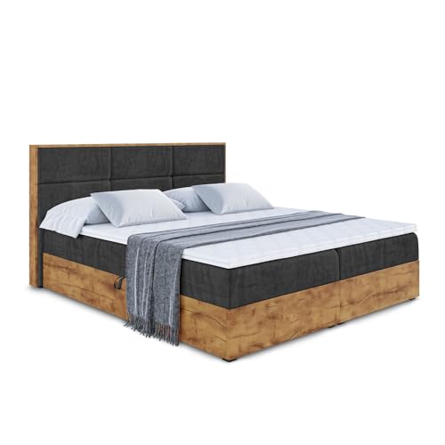 ALTDECOR Boxspringbett mit Bettkasten Multipocket-Matratze H4 mit Topper + PUR + Kokosmatte, (4 cm hoch), Polsterbett mit Kopfteil und Bettkasten mit Eiche Holz - LOLLI1-200x200 Schwarz Samt von ALTDECOR