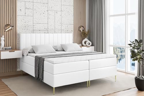 ALTDECOR Boxspringbett mit Gold Füßen, Matratze und Lattenrost, Boxbett, Topper, Polsterbett mit Bettkasten, Bett mit Stauraum H3-Matratze, Doppelbett - Edita-FZ- 180x200 - Weiß Kunstleder von ALTDECOR