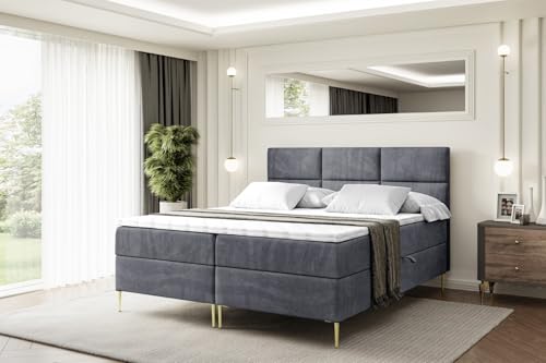 ALTDECOR Boxspringbett mit Gold Füßen, Matratze und Lattenrost, Boxbett, Topper, Polsterbett mit Bettkasten, Bett mit Stauraum H3-Matratze, Doppelbett - Ohio-FZ- 200x200 - Dunkelgrau Samt von ALTDECOR