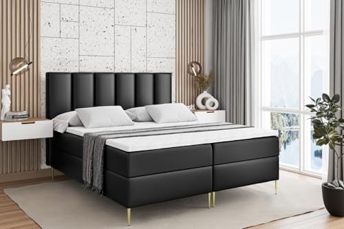 ALTDECOR Boxspringbett mit Gold Füßen, Matratze und Lattenrost, Boxbett, Topper, Polsterbett mit Bettkasten, Bett mit Stauraum H4-Matratze, Doppelbett - BOXI1-FZ- 160x200 - Schwarz Kunstleder von ALTDECOR