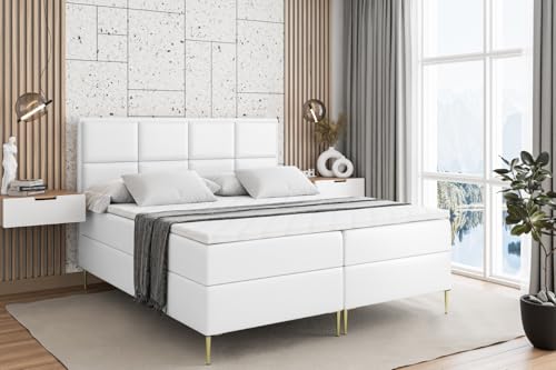 ALTDECOR Boxspringbett mit Gold Füßen, Matratze und Lattenrost, Boxbett, Topper, Polsterbett mit Bettkasten, Bett mit Stauraum H4-Matratze, Doppelbett - NOVA-FZ- 140x200 - Weiß Kunstleder von ALTDECOR