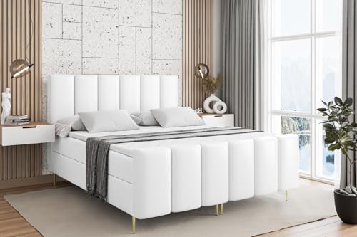 ALTDECOR Boxspringbett mit Gold Füßen, Matratze und Lattenrost, Topper, Fußteil, Polsterbett mit Bettkasten, Bett mit Stauraum H3-Matratze, Doppelbett - BOXI1-FZ-Z - 140x200 - Weiß Kunstleder von ALTDECOR