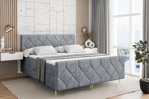 ALTDECOR Boxspringbett mit Gold Füßen, Matratze und Lattenrost, Topper, Fußteil, Polsterbett mit Bettkasten, Bett mit Stauraum H3-Matratze, Doppelbett - CATOR-FZ-Z - 120x200 - Grau Casablanca von ALTDECOR