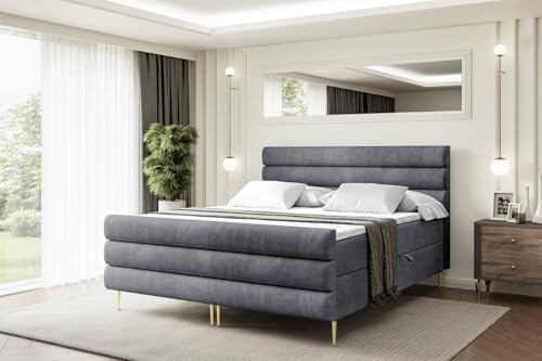 ALTDECOR Boxspringbett mit Gold Füßen, Matratze und Lattenrost, Topper, Fußteil, Polsterbett mit Bettkasten, Bett mit Stauraum H3-Matratze - Celestia-FZ-Z - 140x200 - Dunkelgrau Casablanca von ALTDECOR