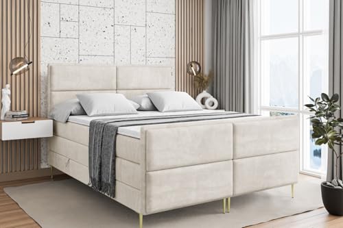 ALTDECOR Boxspringbett mit Gold Füßen, Matratze und Lattenrost, Topper, Fußteil, Polsterbett mit Bettkasten, Bett mit Stauraum H3- und H4- Matratze -Aura-FZ-Z KING-200x200 - Beige Monolith von ALTDECOR