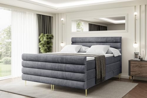 ALTDECOR Boxspringbett mit Gold Füßen, Matratze und Lattenrost, Topper, Fußteil, Polsterbett mit Bettkasten, Bett mit Stauraum H3- und H4- Matratze -Celestia-FZ-Z KING-180x200 - Dunkelgrau Casablanca von ALTDECOR