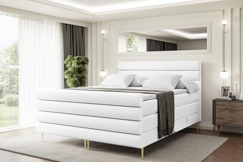 ALTDECOR Boxspringbett mit Gold Füßen, Matratze und Lattenrost, Topper, Fußteil, Polsterbett mit Bettkasten, Bett mit Stauraum H3- und H4- Matratze -Celestia-FZ-Z KING-200x200 - Weiß Kunstleder von ALTDECOR