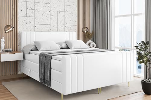 ALTDECOR Boxspringbett mit Gold Füßen, Matratze und Lattenrost, Topper, Fußteil, Polsterbett mit Bettkasten, Bett mit Stauraum H3- und H4- Matratze -IDRIKO-FZ-Z KING-160x200 - Weiß Kunstleder von ALTDECOR