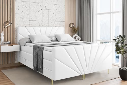 ALTDECOR Boxspringbett mit Gold Füßen, Matratze und Lattenrost, Topper, Fußteil, Polsterbett mit Bettkasten, Bett mit Stauraum H3- und H4- Matratze -MILTIO-FZ-Z KING-160x200 - Weiß Kunstleder ALTDECOR Boxspringbett mit Gold Füßen, Matratze und Lattenrost, Topper, Fußteil, Polsterbett mit Bettkasten, Bett mit Stauraum H3- und H4- Matratze -MILTIO-FZ-Z KING-160x200 - Weiß Kunstleder von ALTDECOR