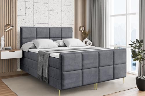ALTDECOR Boxspringbett mit Gold Füßen, Matratze und Lattenrost, Topper, Fußteil, Polsterbett mit Bettkasten, Bett mit Stauraum H3- und H4- Matratze -NOVA-FZ-Z KING-160x200 - Dunkelgrau Casablanca von ALTDECOR