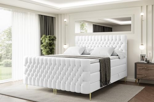 ALTDECOR Boxspringbett mit Gold Füßen, Matratze und Lattenrost, Topper, Fußteil, Polsterbett mit Bettkasten, Bett mit Stauraum H3- und H4- Matratze -Serene-FZ-Z KING-200x200 - Weiß Kunstleder von ALTDECOR