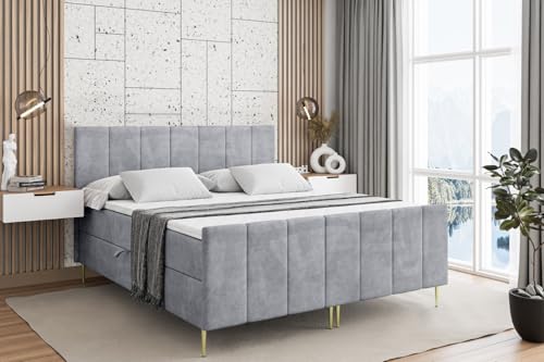 ALTDECOR Boxspringbett mit Gold Füßen, Matratze und Lattenrost, Topper, Fußteil, Polsterbett mit Bettkasten, Bett mit Stauraum H4-Matratze, Doppelbett - MOETI-FZ-Z - 140x200 - Grau Monolith von ALTDECOR
