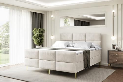 ALTDECOR Boxspringbett mit Gold Füßen, Matratze und Lattenrost, Topper, Fußteil, Polsterbett mit Bettkasten, Bett mit Stauraum H4-Matratze, Doppelbett - Ohio-FZ-Z - 180x200 - Beige Monolith von ALTDECOR