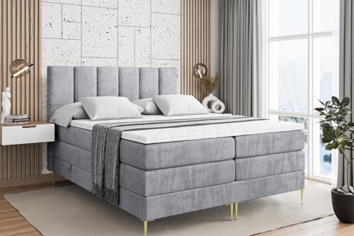 ALTDECOR Boxspringbett mit Gold Füßen, Matratze und Lattenrost, Topper, Polsterbett mit Bettkasten, Bett mit Stauraum H3- und H4- Matratze, Doppelbett -BOXI1-FZ KING-180x200 - Grau Monolith von ALTDECOR