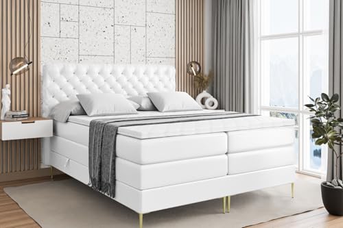ALTDECOR Boxspringbett mit Gold Füßen, Matratze und Lattenrost, Topper, Polsterbett mit Bettkasten, Bett mit Stauraum H3- und H4- Matratze, Doppelbett -BOXI8-FZ KING-180x200 - Weiß Kunstleder von ALTDECOR
