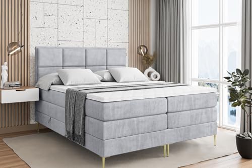ALTDECOR Boxspringbett mit Gold Füßen, Matratze und Lattenrost, Topper, Polsterbett mit Bettkasten, Bett mit Stauraum H3- und H4- Matratze, Doppelbett -NOVA-FZ KING-140x200 - Grau Monolith von ALTDECOR