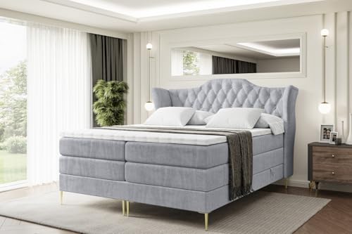 ALTDECOR Boxspringbett mit Gold Füßen, Matratze und Lattenrost, Topper, Polsterbett mit Bettkasten, Bett mit Stauraum H3- und H4- Matratze, Doppelbett -Vila-FZ KING-180x200 - Grau Monolith von ALTDECOR